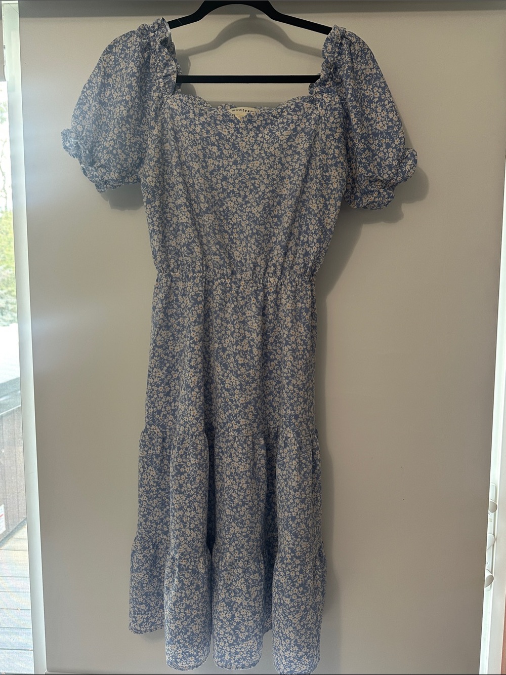 Monteau Light Blue Floral Midi Dress with Puff Sleeves